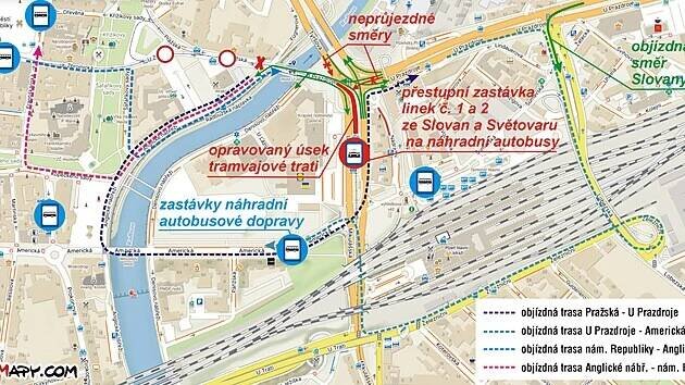 Mapa s vyobrazením výluk a dopravního omezení, které čeká na cestující MHD i samotné řidiče.