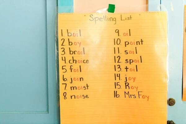 A spelling list is taped to the wall where Fit Learning St. Louis tutors kids in spelling, reading, phonics, grammar, composition, and writing