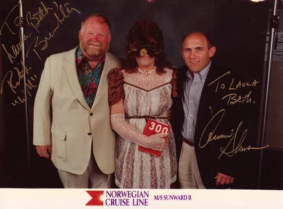 Autographed pic of Ritch Brinkley, Armin Shimerman and Laura Beth (in her Brigit O’Donnell costume) on the Celebration Of Life cruise - 1991.