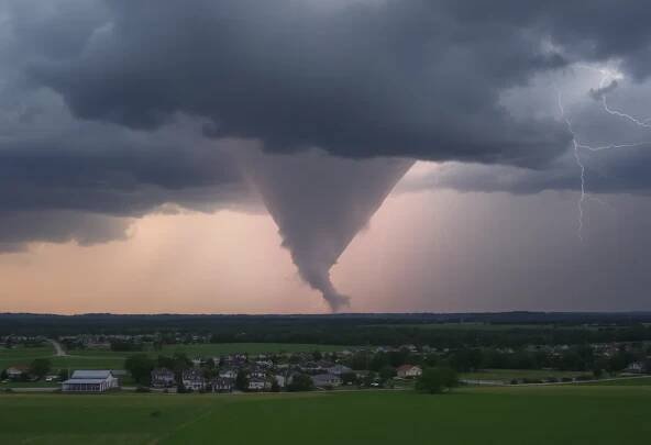 Tornado approaching a town under dark storm clouds.