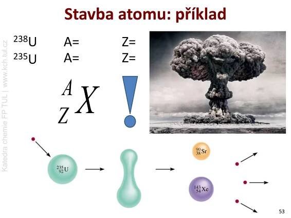 KatedrachemieFPTUL|www.kch.tul.cz
53
238U
235U
XA
Z
A= Z=
A= Z=
Stavba atomu: příklad
 