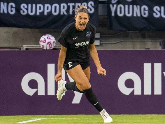 Trinity Rodman, #2 of the Washington Spirit, celebrates her goal during a game between Racing Louisville FC and Washington Spirit at Audi Field on June 3, 2023