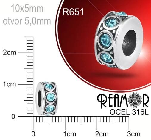 Korálek s kamínky po obvodu Reamor CHIRURGICKÁ OCEL ozn.-R651. Velikost 10x5mm otvor 5,0mm.