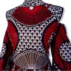 Kuwaha African Print Long Dress, Cold Shoulder, Red, Black & Cream