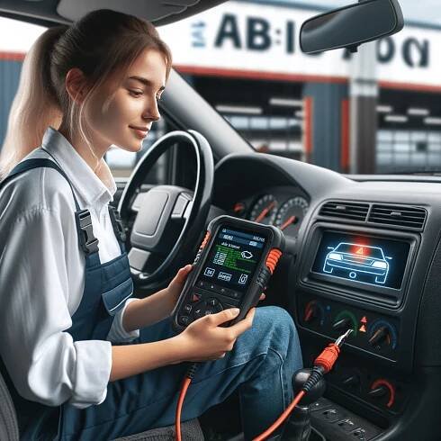Dalle 2023-12-01 081347 - an Image of a Mechanic at Albion Auto Diagnosing a Car with a Check Engine Light on the Mechanic a Young Caucasian Woman is Using a Diagnostic Tool