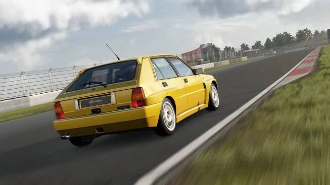 A yellow Ginestra Lancia Delta HF Integrale "Evoluzione 2" racing through the Fuji Speedway on Assetto Corsa EVO, showcasing its iconic design and powerful performance on the track.