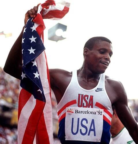 Carl Lewis , USA ,  Leichtathletik , Jubel , Freude mit amerika Fahne ...