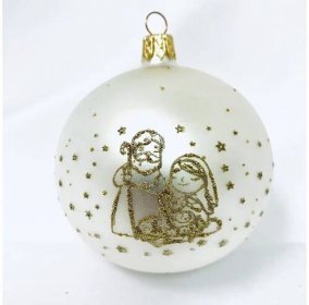 Skleněná vánoční ozdoba s textem na přání - Svatá rodina s vlastním textem (bílá, 1 ks, 8 cm) - Skleněné ozdoby IRISA