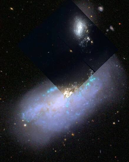 HST partial image of spiral galaxy NGC 4490 and NGC 4485, which comprise Arp 269, superimposed on an SDSS image to show the region covered by the HST image