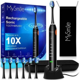 MySmile Electric Toothbrush for Adults, Rechargeable Waterproof Sonic Electronic Toothbrush with 6 Brush Heads and Travel Case, 2 Mins 5 Modes Smart Timer