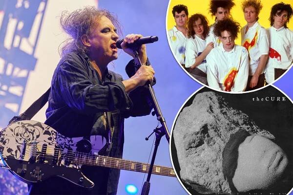 Robert Smith performing in 2023, the Cure in the '80s and the cover of their upcoming album 