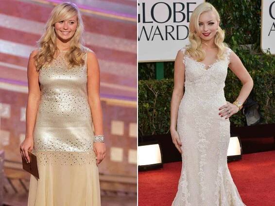 Miss Golden Globe Kathryn Eastwood at the 62nd Annual Golden Globe Awards on January 16, 2005. ; Miss Golden Globe Francesca Eastwood arrives at the 70th Annual Golden Globe Awards on January 13, 2013. 