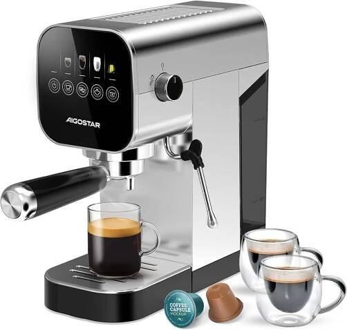 Automatický automatický kávovar Aigostar Profesjonalny Ekspres do Kawy Ciśnieniowy 20 bar 1360 W stříbrný