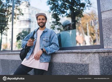 Half Length Prosperous Male Tourist Stylish Denim Jacket Smiling Camera