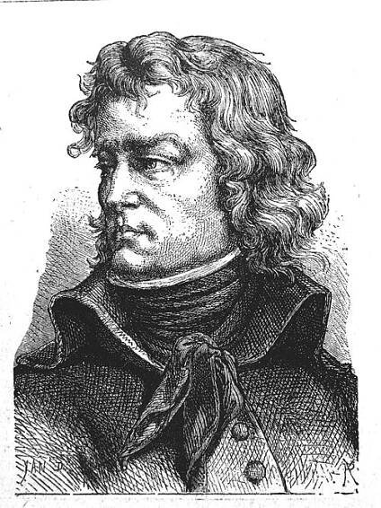 Black and white print of a man with long wavy hair looking to the viewer's left. He wears a dark coat and has a scarf around his throat.