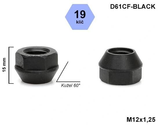 Kolová matice M12x1,25 kužel otevřená, klíč 19, černá, D61CF-BLACK, výška 15