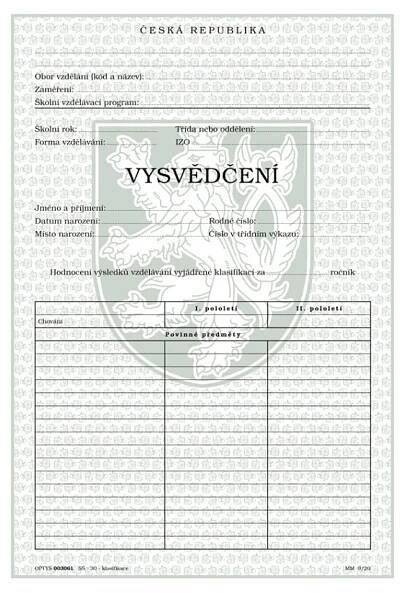 Ročníkové vysvědčení střední školy - 30 povinných předmětů