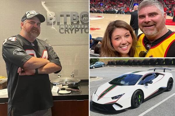 Former crypto king Ben Armstrong, posting at left next to bitoin sign; top right, armstrong and wife Bethany, who has filed for divorce, at basketball game, smiling in selfie; bottom right his prized Lamborghini that is now gone