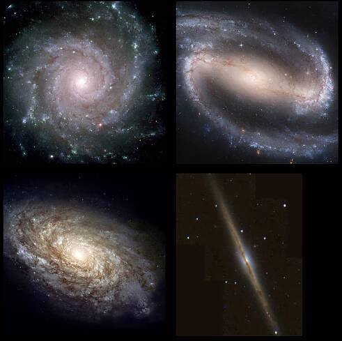 Four examples of spiral galaxies: 1) The 'grand design' galaxy M74. 2) The barred spiral NGC 1300. 3) The 'flocculent' galaxy NGC 4414. 4) The spiral galaxy NGC 891 seen 'edge-on'. In this last example, we look directly into the dusty disk, 'reddening' the light by filtering away the blue light.