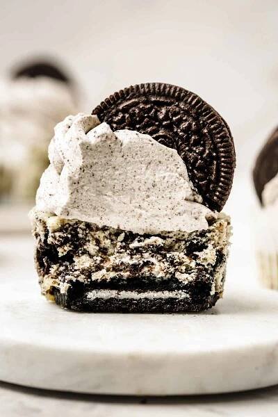 half of a mini oreo cheesecake cupcakes