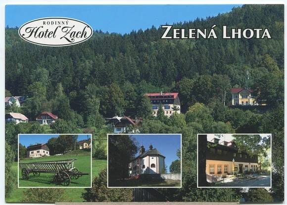 ZELENÁ LHOTA, Hojsova Stráž, Hamry, Nýrsko, Šumava-hotel ZACH, kostel - Pohlednice místopis