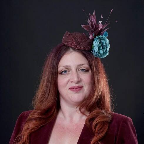 Sparkly Burgundy Air Hostess Fascinator with Blue Flowers