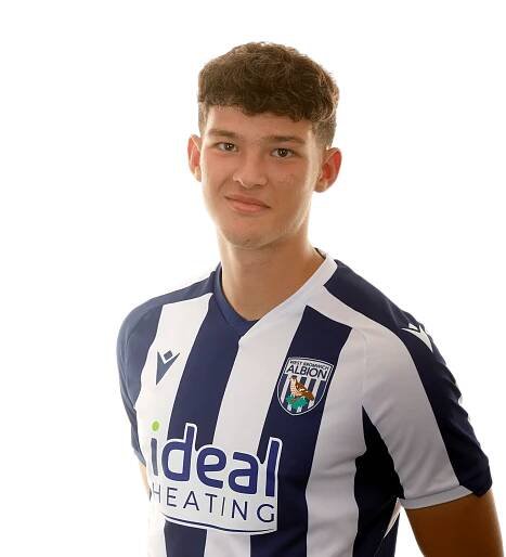 A photo of Albion U18 defender Noah DuPont in the 2025/26 home kit
