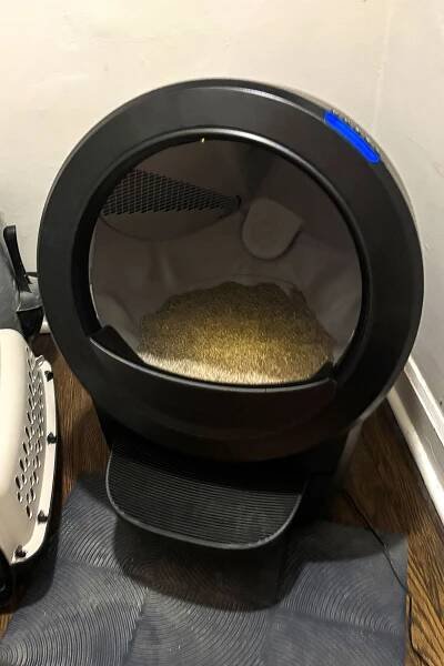 An automatic cat litter box with litter inside