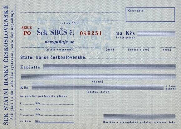 Soukromý šek Státní banka československá SBČS, série PO, 1970-1989