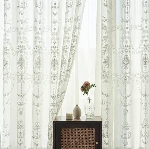 2pcs Floral Embroidered Sheer Curtains - European *-Filtering Polyester Drapes with Rod Pocket for Bedroom & Living Room Decor, Elegant Flor