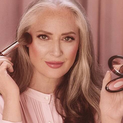 Cheek to Chic in Pillow Talk on fair-tone model with mature skin 