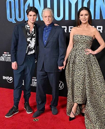 Dylan Michael Douglas, Michael Douglas, and Catherine Zeta-Jones attend Marvel Studios' Ant-Man and The Wasp: Quantumania