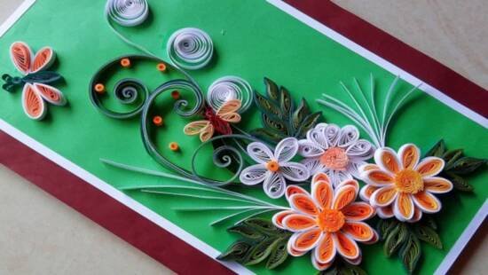 homemade vyrobené papírové přání ozdobené technikou quilling