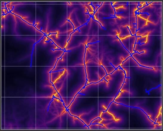 Results of the predictive model: The bright yellow lines show where the model predicted the grid lines would be; the blue lines show the ground truth data to show how accurate the model was.