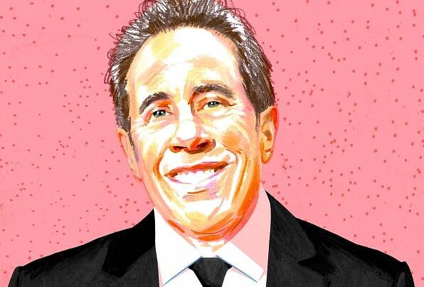Portrait of Jerry Seinfeld in front of a pink background with sprinkles.