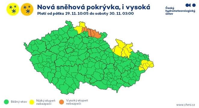 Výstraha ČHMÚ: Tato výstraha upravuje předchozí výstrahu rozšířením oblasti s novou sněhovou pokrývkou o