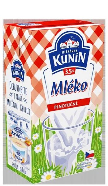 MLÉKÁRNA KUNÍN Mléko 3,5 % trvanlivé 12 x 1 l - Trvanlivé mléko, Mléko, Mléčné výrobky, vejce, tuky a výrobky rostl. původu