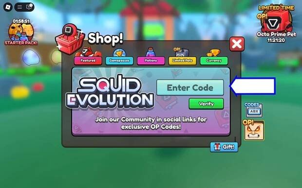 A screenshot of Squid Evolution in Roblox showing the game's codes field.