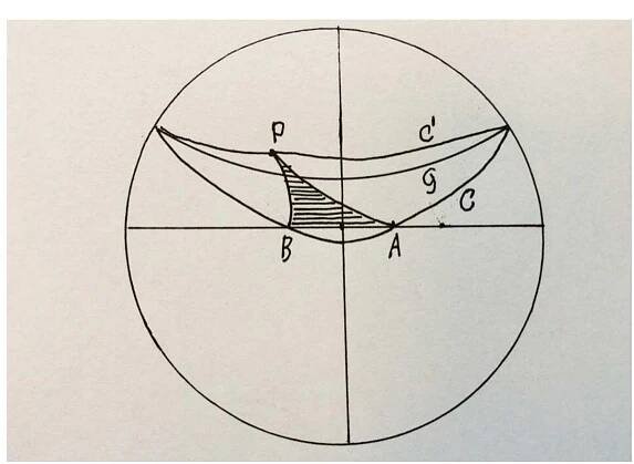 FIGURE 5. The hypercycle @ and @’. When the point P describes the hypercycle @’, the area A(P) is a constant. 