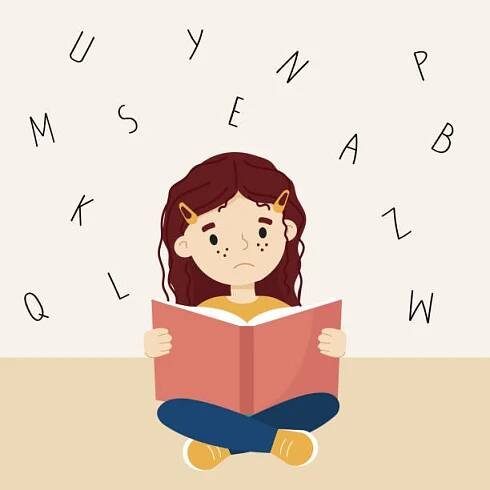 dítě s dyslexií má potíže se čtením. zmatená dívka sedící s knihou v ruce. koncept poruchy dyslexie. izolované na bílé. - dyslexie stock ilustrace