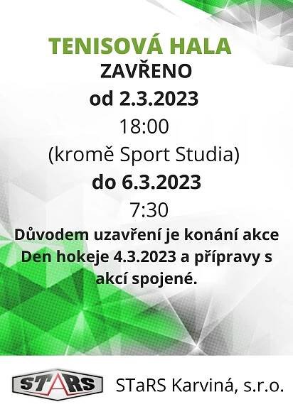 Upozornění na uzavření haly | Novinka | STaRS Karviná, s.r.o. - Váš partner pro volný čas
