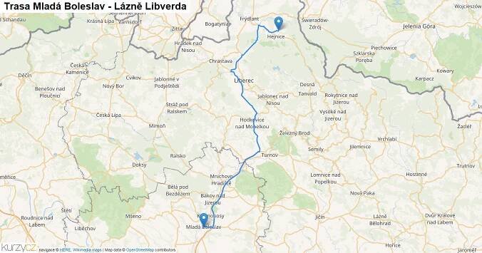 Mladá Boleslav-Lázně Libverda, mapa trasy