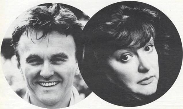A black-and-white image of two people in separate, circular portrait frames. On the left is a white, male-presenting person with short dark hair. They are smiling at the camera. On the right is a white, female-presenting person with dark bangs and shoulder-length hair. She does not smile as she looks over her shoulder at the camera.