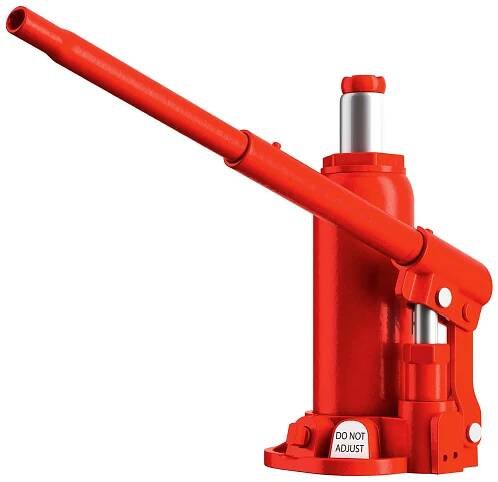 Červený hydraulický zvedák s dlouhou pákou.