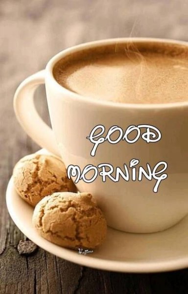 a cup of coffee and some cookies on a saucer with the words good morning