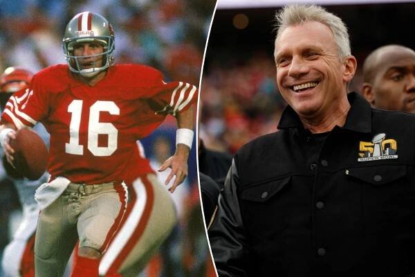 Joe Montana turns to hand off to Wendell Tyler #26 against the Miami Dolphins during Super Bowl XIX on Jan. 20, 1985 in Palo Alto, California.