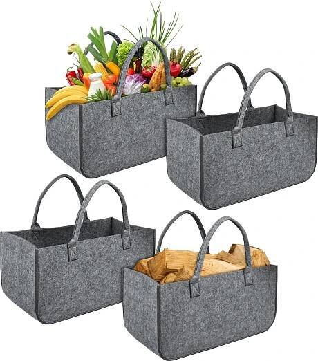YARDIN 4 ks velké plstěné tašky Plstěné tašky Košík na palivové dřevo Plstěná taška Shopper Skládací plst lze použít jako tašku na palivové dřevo, nákupní tašky, tašky na knihy (světle šedá)