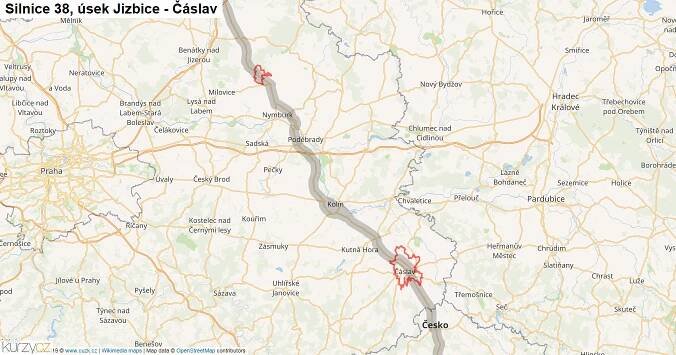 Úsek Jizbice - Čáslav, Silnice 38 - Mapa