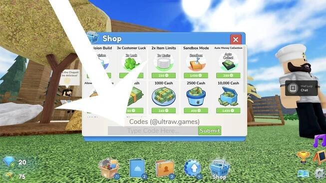 Arrow pointing at the menu used to redeem codes in the Roblox game Restaurant Tycoon 3.
