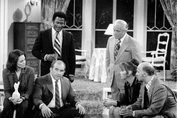 Valerie Harper (as Rhoda Morgenstern), John Amos (as Gordy the Weatherman), Ed Asner (as Lou Grant), Ted Knight (as Ted Baxter), Mary Tyler Moore (as Mary Richards) and Gavin MacLeod (as Murray Slaughter) star in the in the 'Happy Birthday, Lou' episode of the CBS television series 